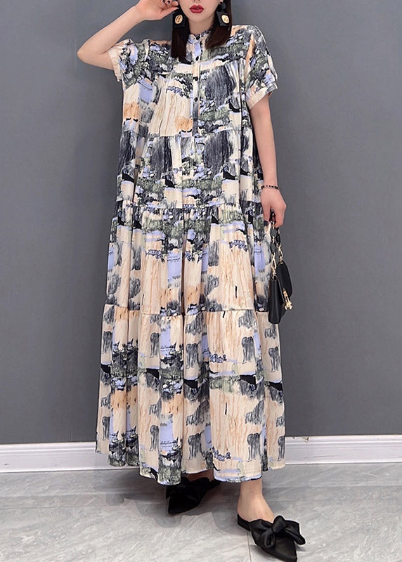 Elegant Stand Collar Button Print Patchwork Wrinkled Chiffon Long Dress Short Sleeve