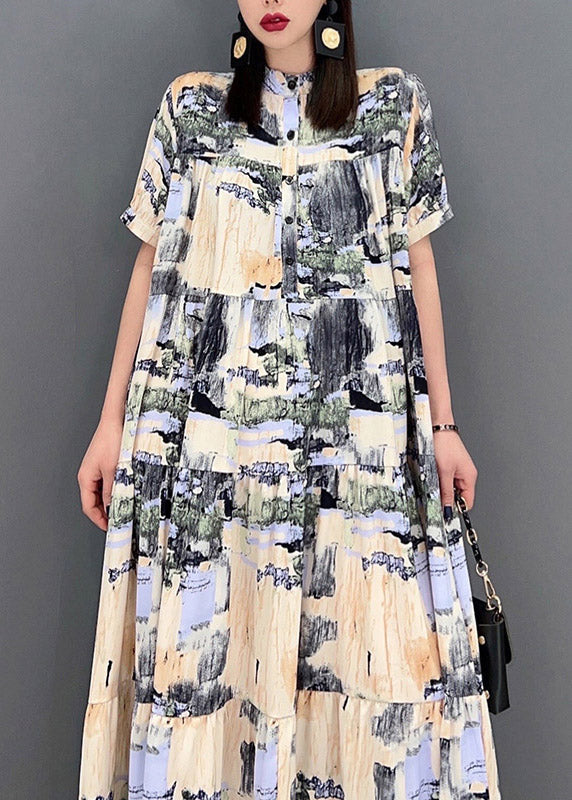 Elegant Stand Collar Button Print Patchwork Wrinkled Chiffon Long Dress Short Sleeve