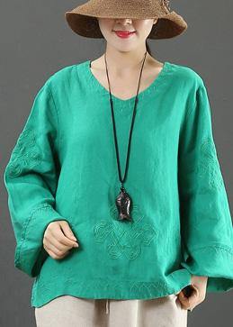 Elegant V Neck Embroidery Spring Tops Women Neckline Green Shirt - SooLinen