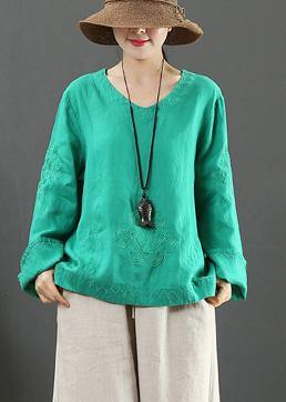 Elegant V Neck Embroidery Spring Tops Women Neckline Green Shirt - SooLinen