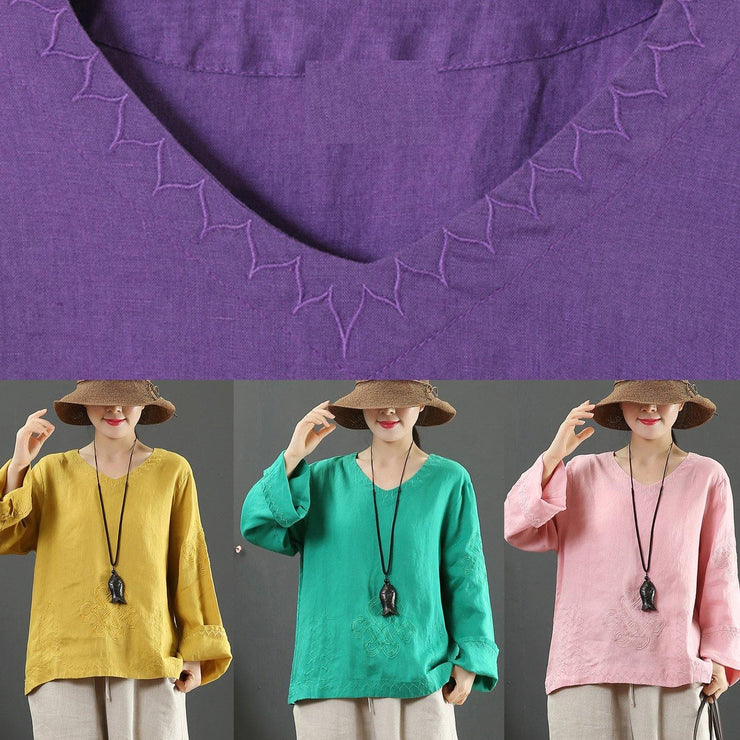 Elegant V Neck Embroidery Spring Tops Women Neckline Green Shirt - SooLinen