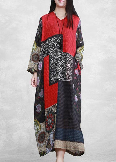 Elegant V Neck Long Sleeve Spring Tunic Pattern Outfits Print Kaftan Dresses - SooLinen