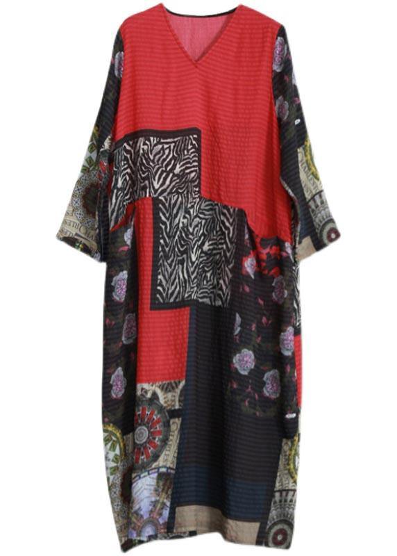 Elegant V Neck Long Sleeve Spring Tunic Pattern Outfits Print Kaftan Dresses - SooLinen