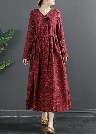 Elegant V Neck Quilting Dresses Shape Red Print Long Dress - SooLinen