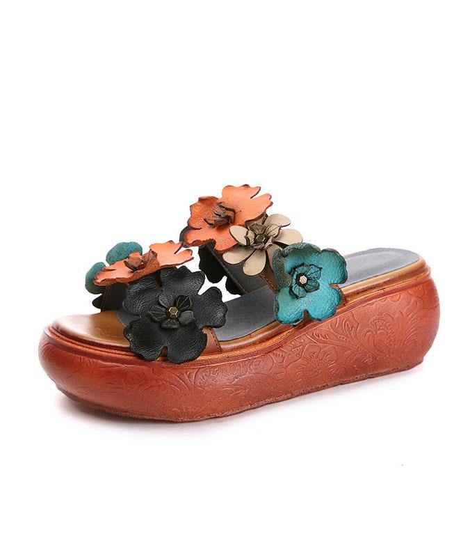 Elegant Wedge Orange Cowhide Leather Slide Sandals - SooLinen