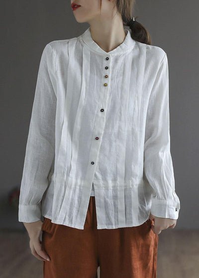 Elegant White Linen Retro Wrinkled Fall Tie Waist Long Sleeve Shirt Tops - SooLinen