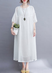 Elegant White O-Neck wrinkled Extra large hem Long Dress Half Sleeve