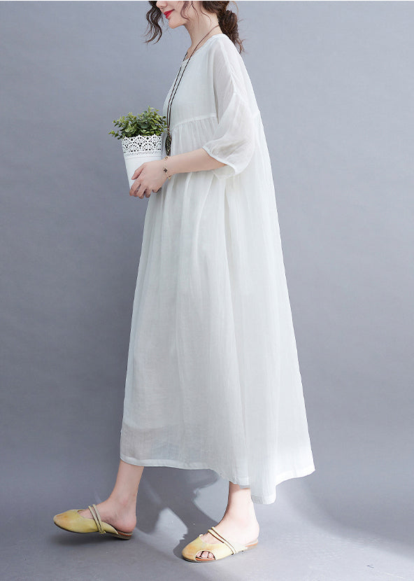 Elegant White O-Neck wrinkled Extra large hem Long Dress Half Sleeve