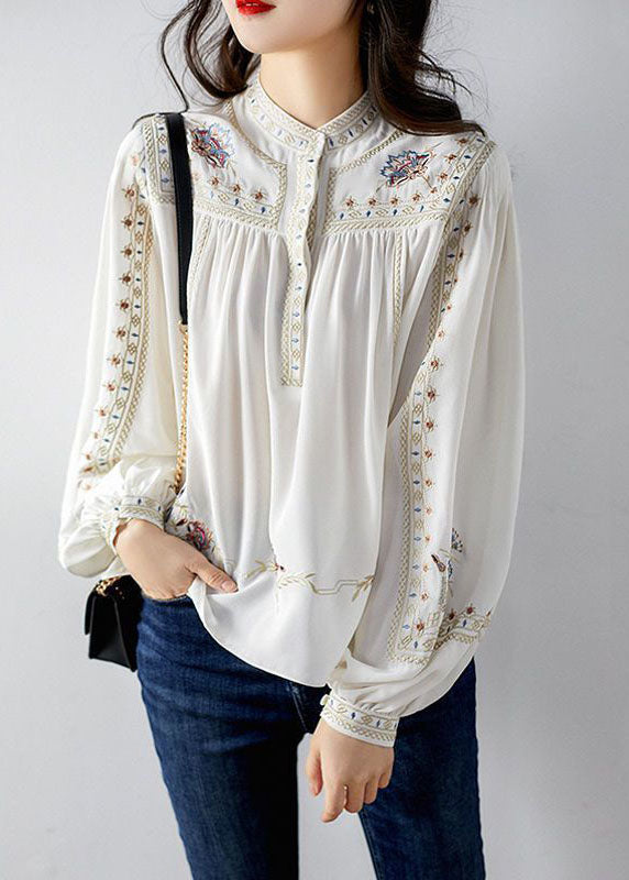 Elegant White 2024 Embroideried Chiffon Blouse Tops Long Sleeve