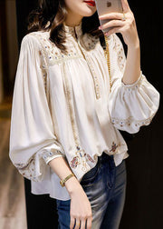 Elegant White 2024 Embroideried Chiffon Blouse Tops Long Sleeve