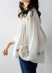 Elegant White 2024 Embroideried Chiffon Blouse Tops Long Sleeve