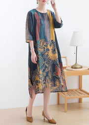 Elegant Yellow Green Print Linen O-Neck Summer Maxi Dresses - SooLinen