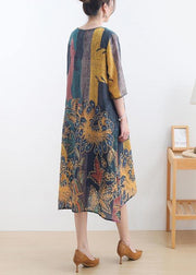 Elegant Yellow Green Print Linen O-Neck Summer Maxi Dresses - SooLinen