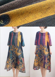 Elegant Yellow Green Print Linen O-Neck Summer Maxi Dresses - SooLinen