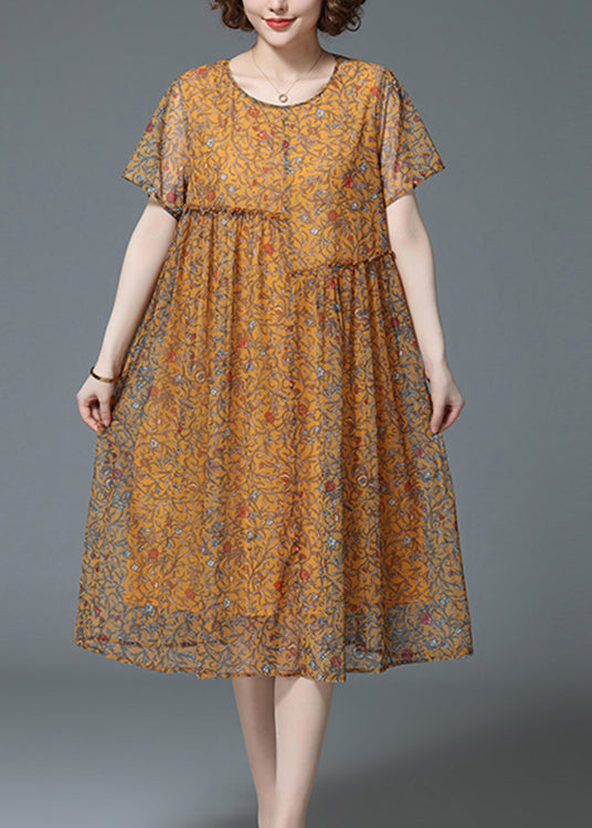 Elegant Yellow O-Neck Wrinkled Ruffled Print Chiffon Dress Short Sleeve