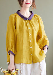 Elegant Yellow Peter Pan Collar Patchwork Linen Shirt Top Bracelet Sleeve