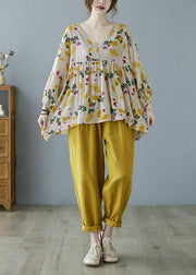 Elegant Yellow Ruffles Print Batwing Sleeve Cotton Linen Top - SooLinen