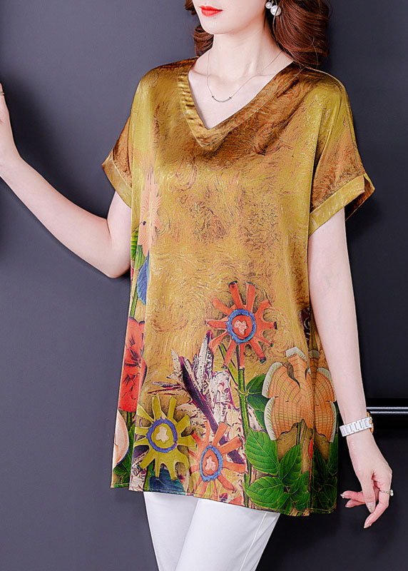 Elegant Yellow V Neck Original Design Print Side Open Silk Top Short Sleeve