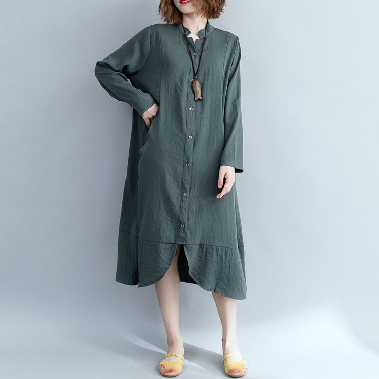 Elegant army green cotton linen dress Indian Sleeve stand collar shift Dress