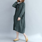 Elegant army green cotton linen dress Indian Sleeve stand collar shift Dress