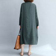 Elegant army green cotton linen dress Indian Sleeve stand collar shift Dress