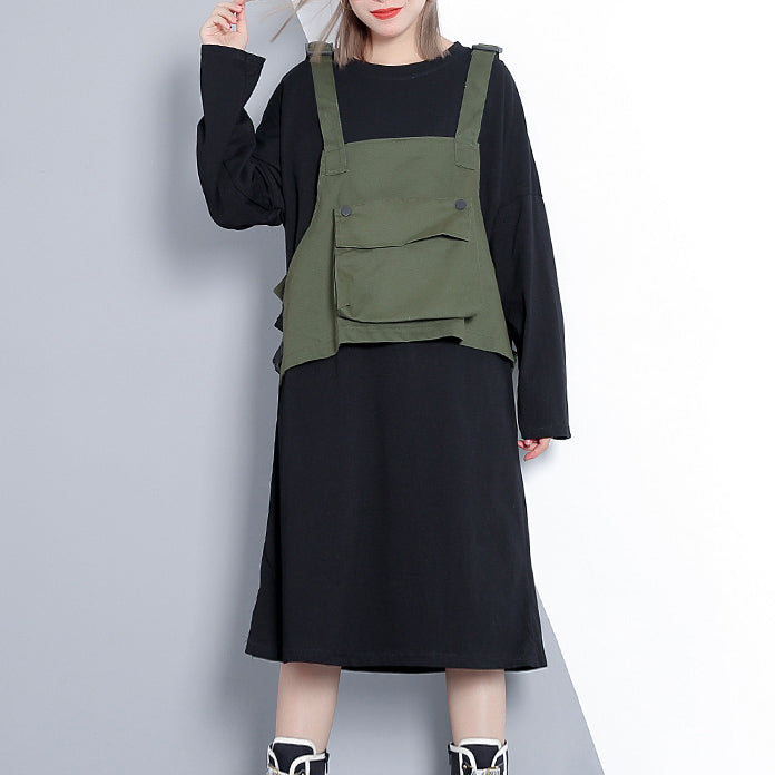 Elegant army green fall Loose fitting casual dress false two pieces 2018 O neck dress