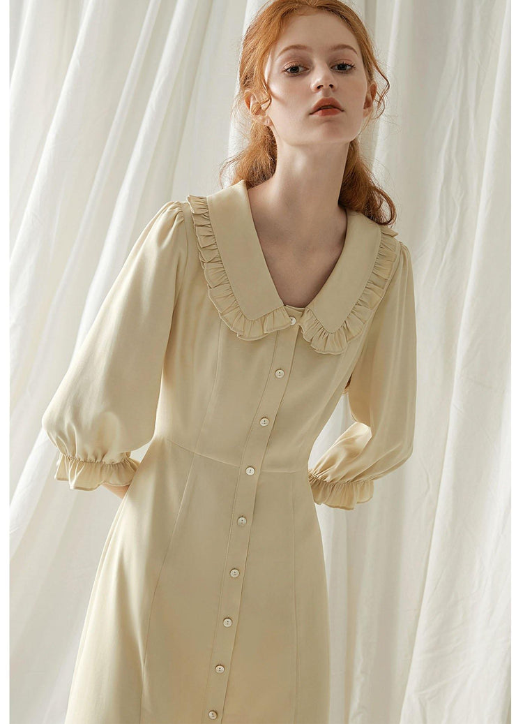 Elegant beige nude blended quilting dresses Peter pan Collar cotton fall Dresses - SooLinen