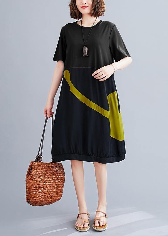 Elegant black Cotton Tunic o neck patchwork Dress - SooLinen