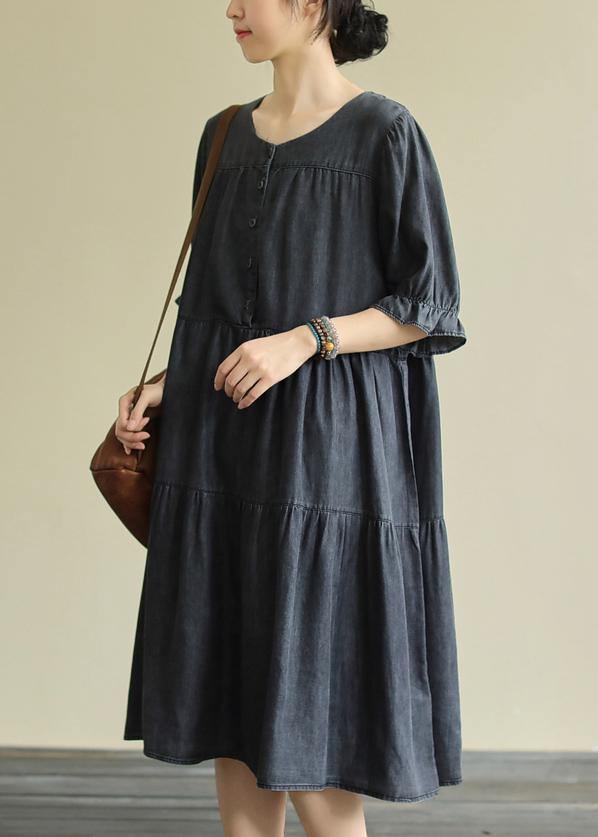 Elegant black Cotton clothes For Women o neck Cinched Dresses summer Dress - SooLinen