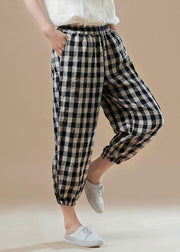 Elegant black Plaid cotton quilting Work Outfits harem pants Plus Size elastic waist pants - SooLinen