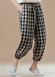 Elegant black Plaid cotton quilting Work Outfits harem pants Plus Size elastic waist pants - SooLinen