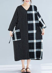 Elegant black Plaid striped v neck patchwork Large pockets cotton spring Dress - SooLinen