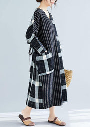 Elegant black Plaid striped v neck patchwork Large pockets cotton spring Dress - SooLinen