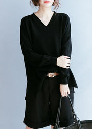 Elegant black clothes For Women v neck side open fall blouse - SooLinen