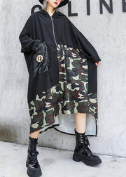 Elegant black patchwork camouflage hooded low high design cotton Dress - SooLinen