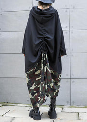 Elegant black patchwork camouflage hooded low high design cotton Dress - SooLinen