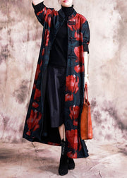 Elegant black patchwork red print oversize long Chinese Button fall coat - SooLinen