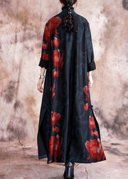 Elegant black patchwork red print oversize long Chinese Button fall coat - SooLinen