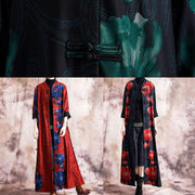 Elegant black patchwork red print oversize long Chinese Button fall coat - SooLinen