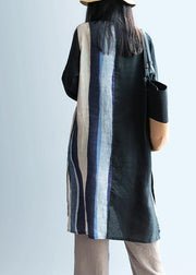 Elegant black patchwork striped Tunic lapel Art Dress - SooLinen