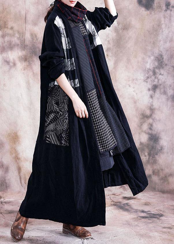 Elegant black print Coats plus size fall v neck patchwork coat - SooLinen