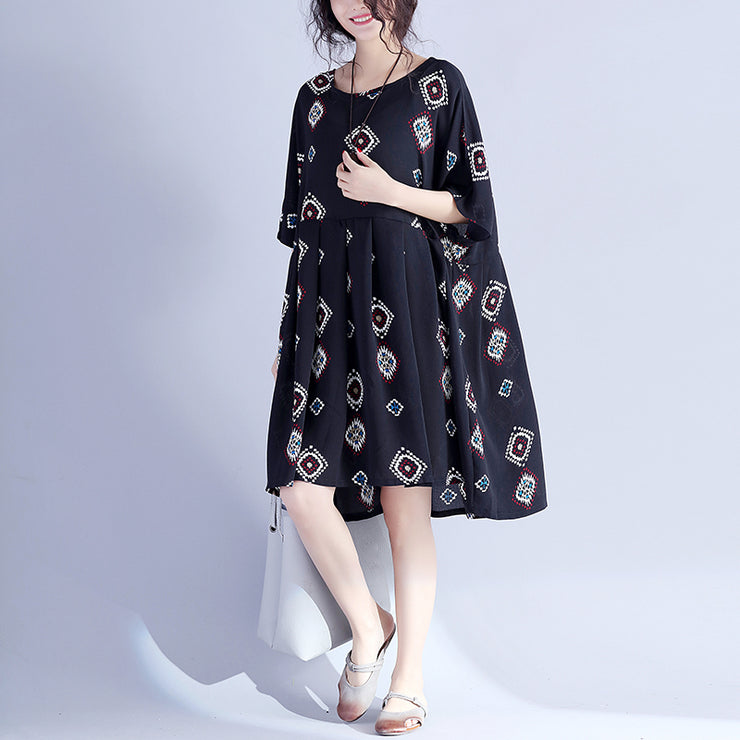 Elegant black prints Midi-length cotton dress casual traveling clothing New hig waist Cinched batwing sleeve cotton clothing dress