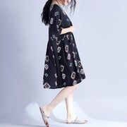 Elegant black prints Midi-length cotton dress casual traveling clothing New hig waist Cinched batwing sleeve cotton clothing dress