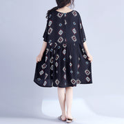 Elegant black prints Midi-length cotton dress casual traveling clothing New hig waist Cinched batwing sleeve cotton clothing dress