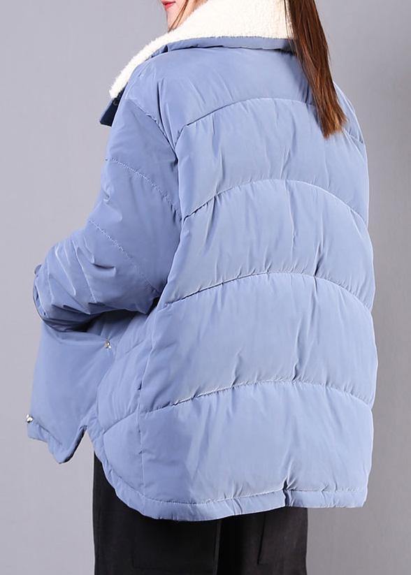 Elegant blue Parkas for women Loose fitting winter jacket lapel pockets zippered overcoat - SooLinen