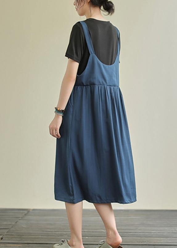 Elegant blue cotton Tunics o neck false two pieces Maxi summer Dresses - SooLinen