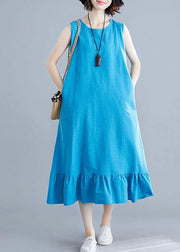 Elegant blue cotton clothes For Women o neck sleeveless A Line summer Dresses - SooLinen