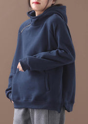 Elegant blue hooded cotton shirts zippered Plus Size Clothing winter tops - SooLinen