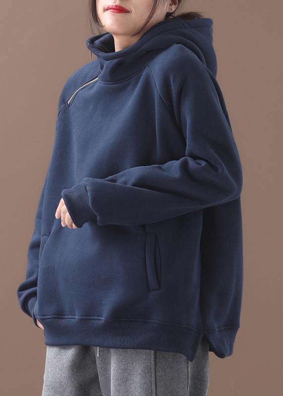 Elegant blue hooded cotton shirts zippered Plus Size Clothing winter tops - SooLinen