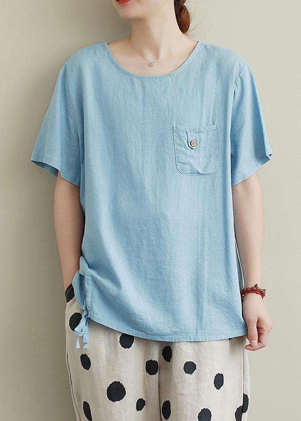 Elegant blue linen box top Fashion Ideas o neck drawstring summer top - SooLinen